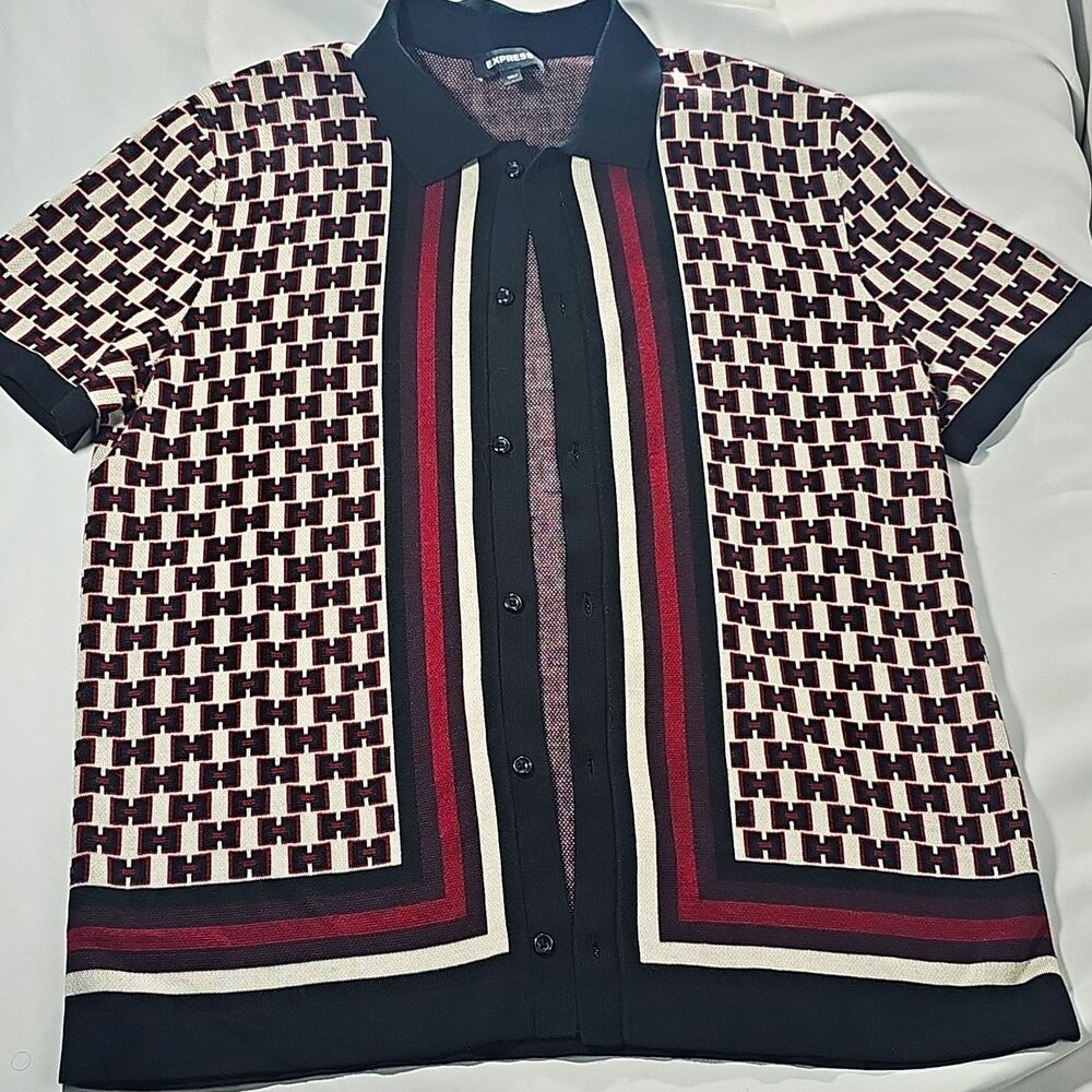 Express Mens Polo Shirt L Knit Geometric Black Red White Short Sleeve Button